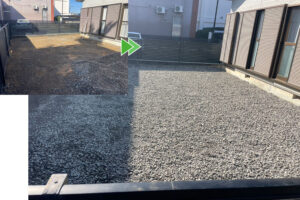 浜松市南区の防草シートと砂利の敷き直し作業