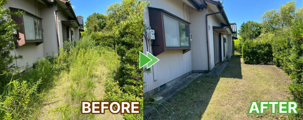 磐田市の空き家の建物裏の草刈り